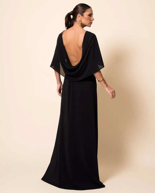 Vestido de Festa Longo Crepe Chiffon com Capa e Degagê nas Costas Preto