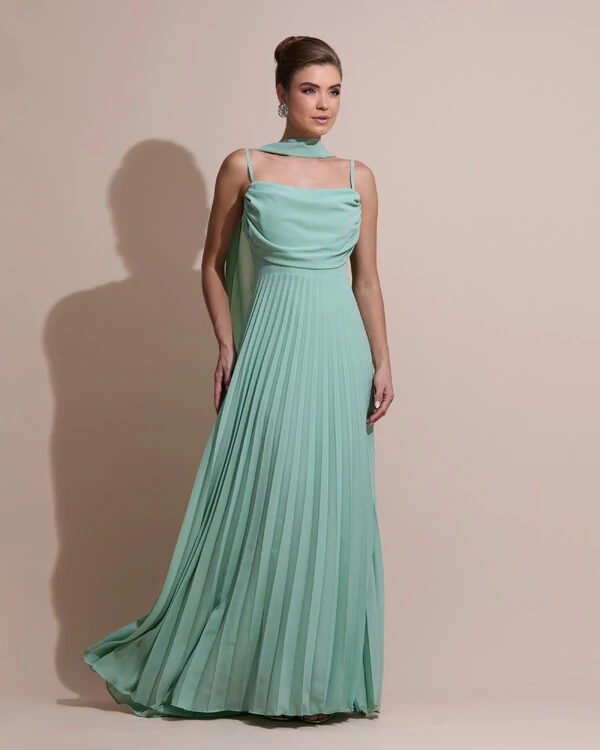 Vestido de Festa Longo Crepe Chiffon Plissado Trançado e Lenço Verde Menta