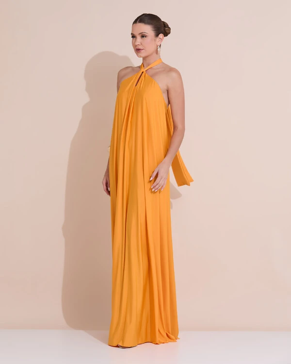 Vestido Longo com Amarração em Malha Laranja Manga