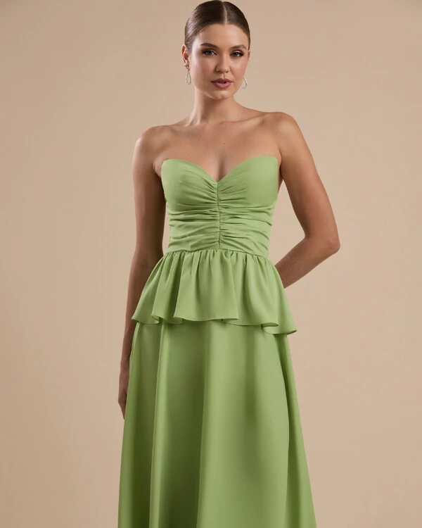 Vestido de Festa Longo Crepe Chiffon Tomara que Caia Peplum Drapeado Verde Garden