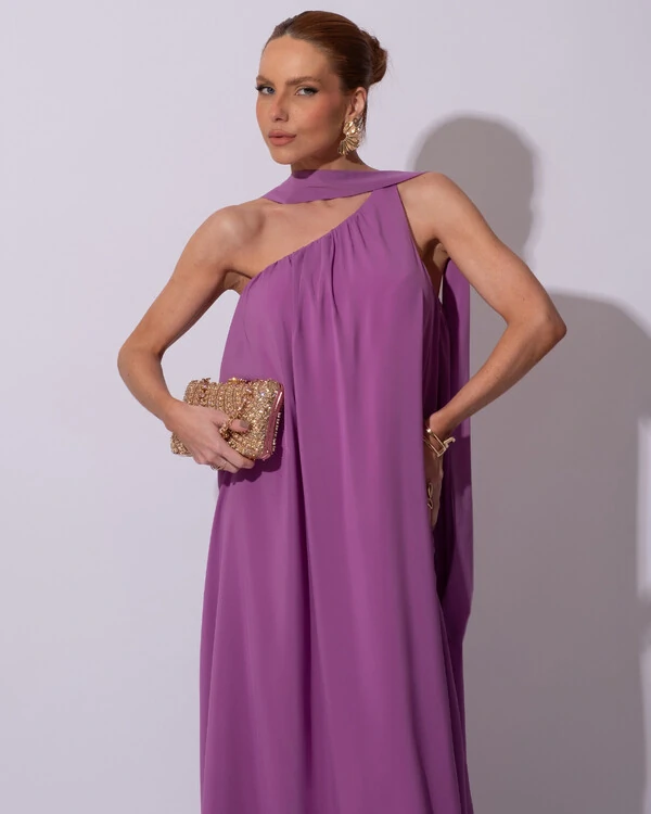 Vestido de Festa Longo Crepe Fluido um Ombro Só com Lenço Fúcsia