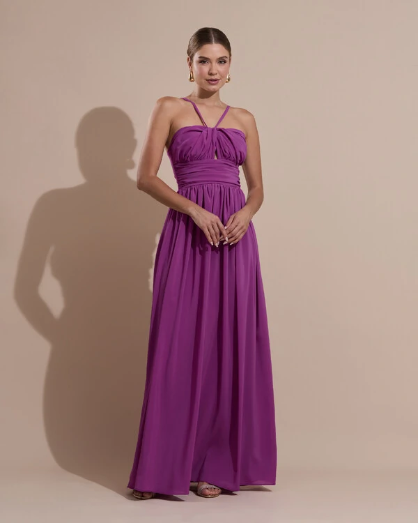Vestido de Festa Longo Crepe Chiffon Drapeado com Alças Finas Fúcsia