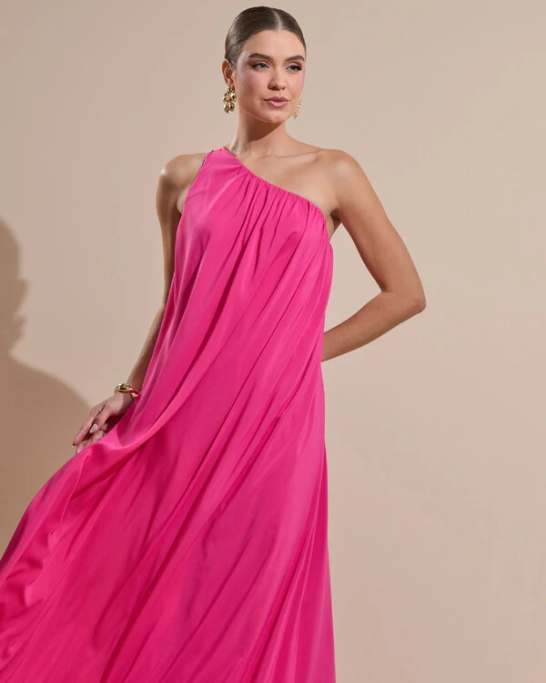 Vestido de Festa Longo Crepe Fluido um Ombro Só com Lenço Pink New