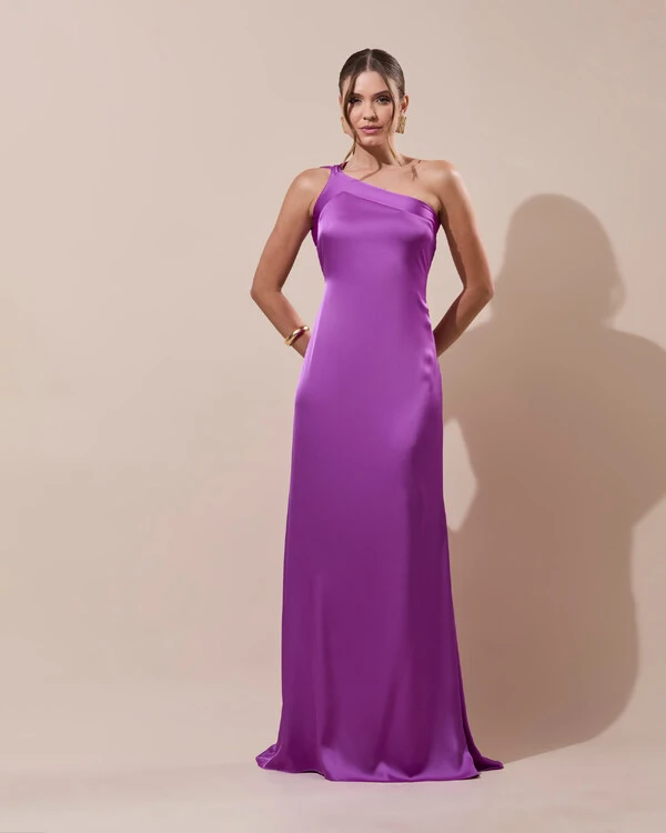Vestido de Festa Longo Cetim Fluido Um Ombro Só Amarração Costas Fúcsia