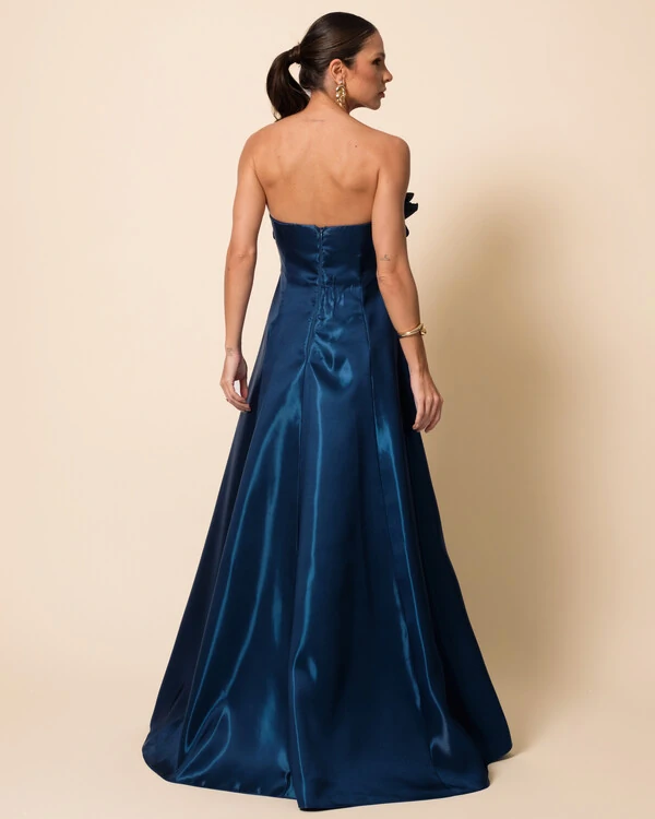 Vestido de Festa Longo Cetim Cristal Tomara que Caia com Flor 3D Verde Escuro