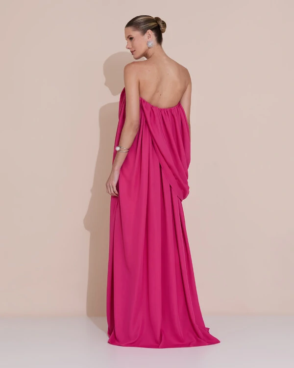 Vestido de Festa Longo Tomara Que Caia Crepe Chiffon Drapeado Pink Escuro