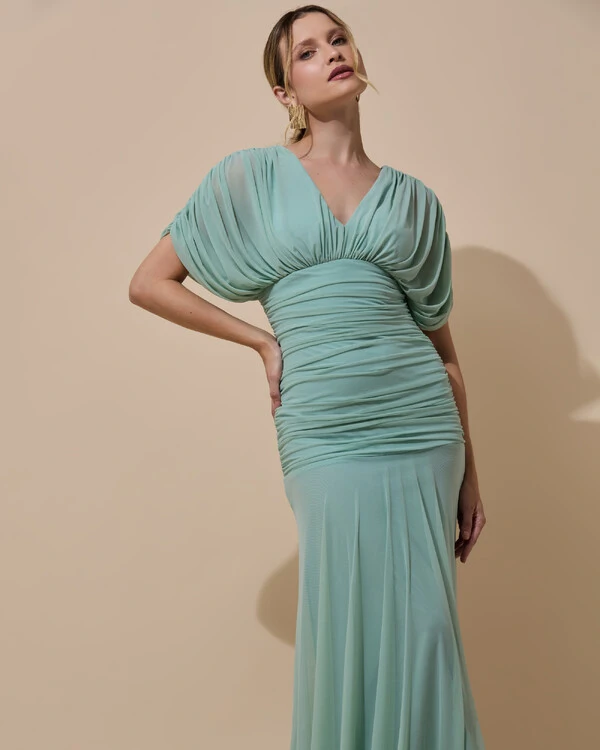 Vestido de Festa Longo Tule Manga Curta Drapeado Verde Menta
