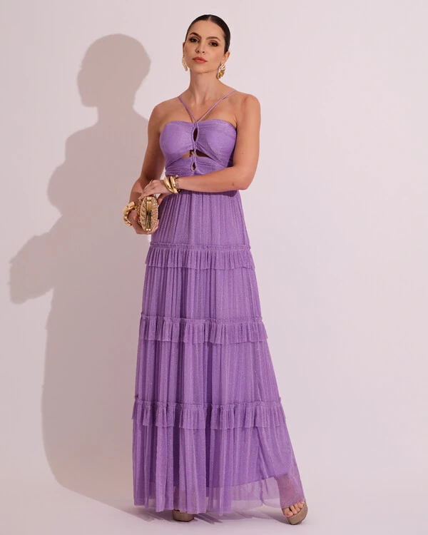 Vestido de Festa Longo Tule com Saia Babado Lilás