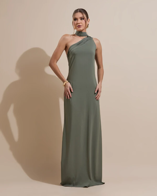 Vestido de Festa Longo Crepe Chiffon Um Ombro Só Drapeado Verde Oliva