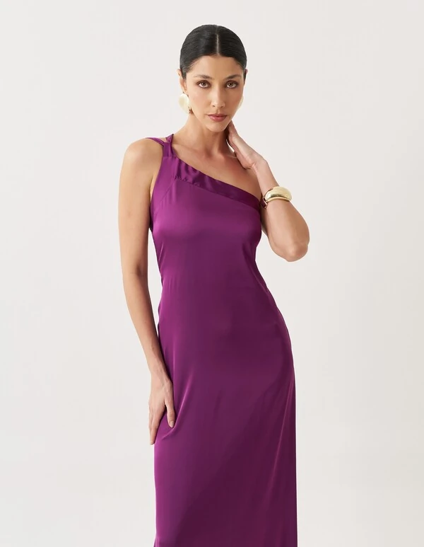 Vestido de Festa Longo Cetim Fluido Um Ombro Só Amarração Costas Roxo