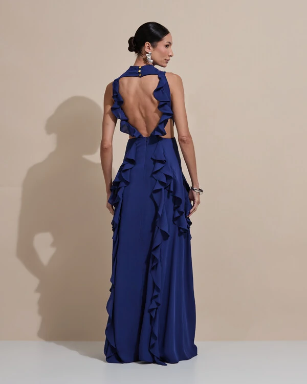 Vestido de Festa Longo Gola Alta Crepe Chiffon Recortes Babados Cascata Azul Marinho