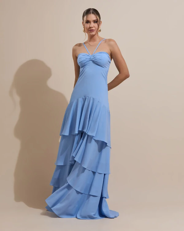Vestido Longo Crepe com Babado em Camadas Serenity