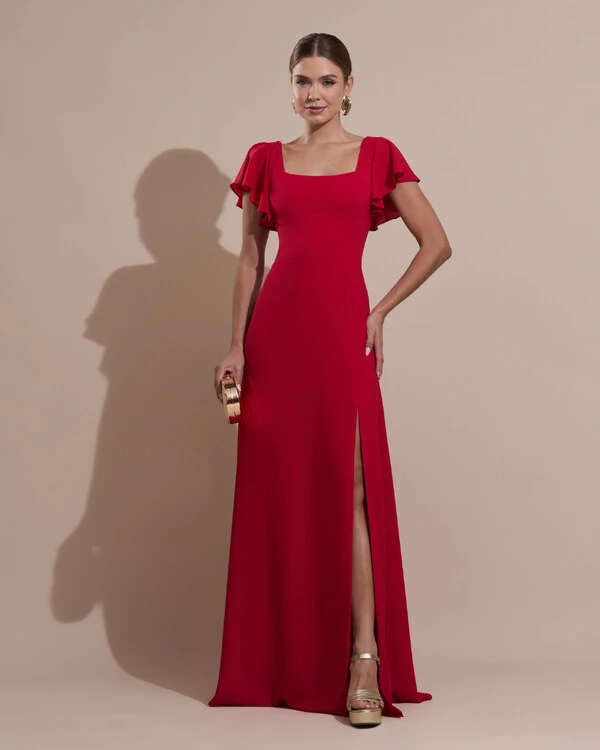 Vestido de Festa Longo Crepe Chiffon Manga Babado e Fenda Vermelho