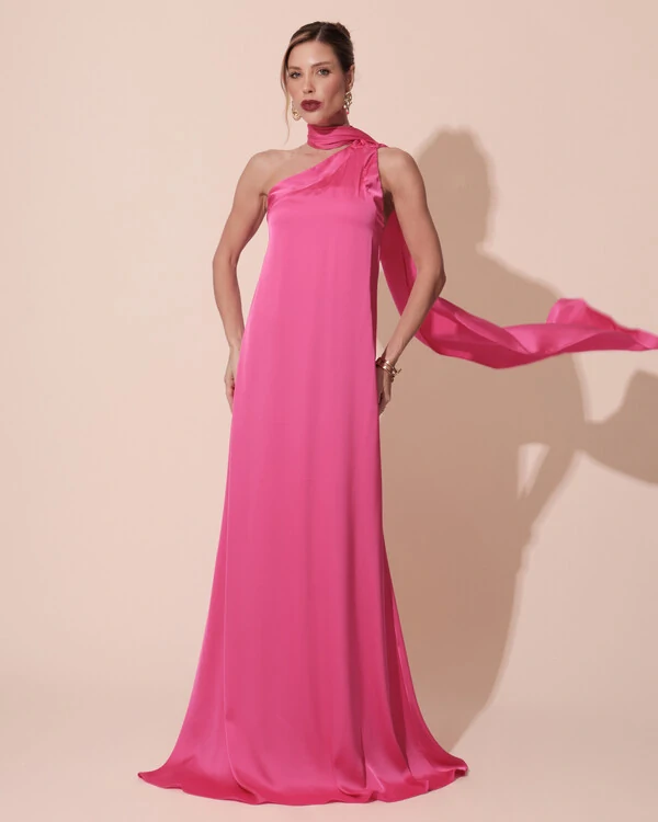 Vestido de Festa Longo Cetim Fluido Um Ombro Só Pink New