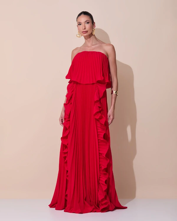 Vestido de Festa Longo Crepe Chiffon Tomara que Caia Plissado com Babado Cascata Vermelho