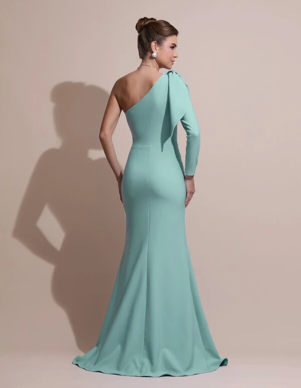 Vestido de Festa com Laço de Um Ombro em Alfaiataria Fenda Tiffany