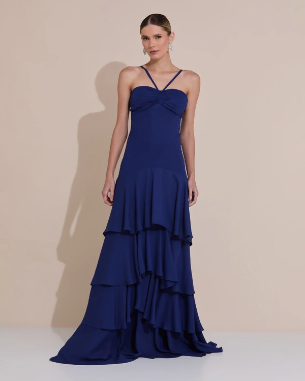 Vestido Longo Crepe com Babado em Camadas Azul Marinho