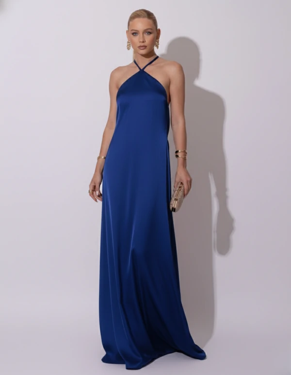 Vestido Longo de Cetim com Decote Triangular e Amarração nas Costas Degagê Azul Marinho