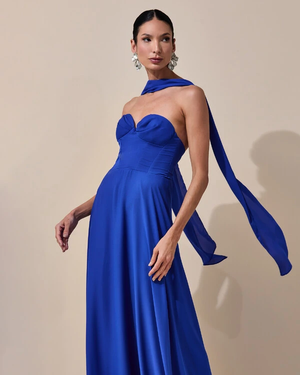 Vestido de Festa Longo Tomara que Caia Crepe Chiffon Decote Coração Lenço Azul Royal
