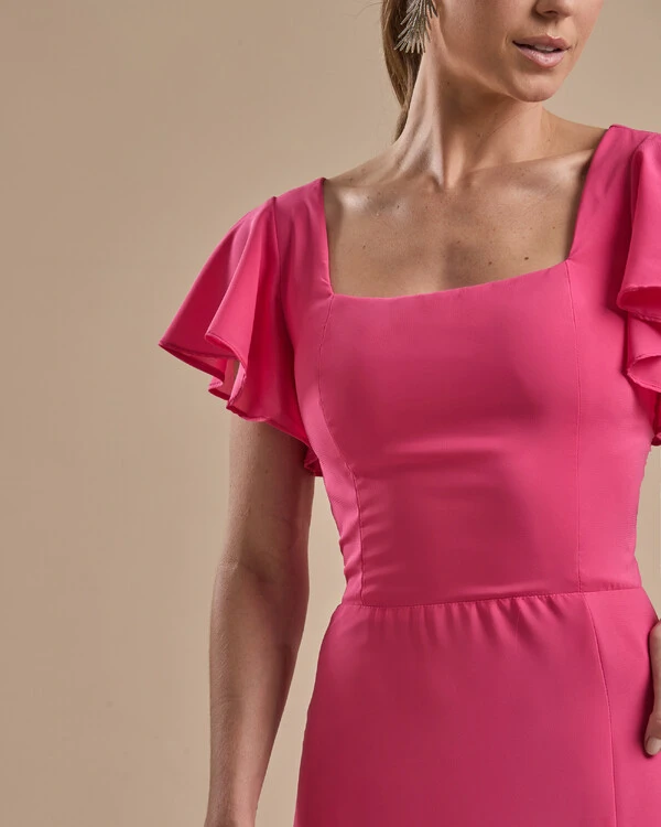 Vestido de Festa Longo Crepe Chiffon Manga Babado e Fenda Pink New