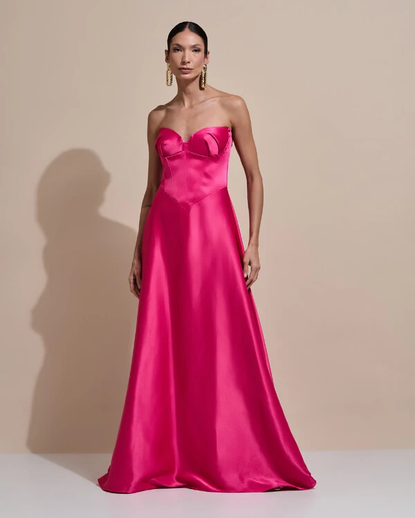 Vestido de Festa Longo Tomara que Caia Decote Coração Cetim Cruzado Costas Pink
