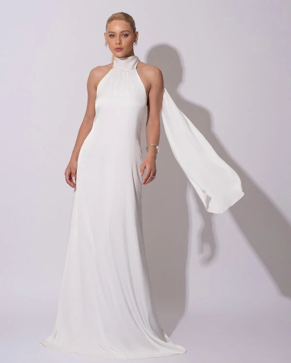 Vestido de Festa Gola Alta com Decote nas Costas Acetinado Branco