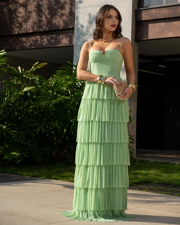 Vestido de Festa Longo Tule Glitter com Camadas Verde Lima