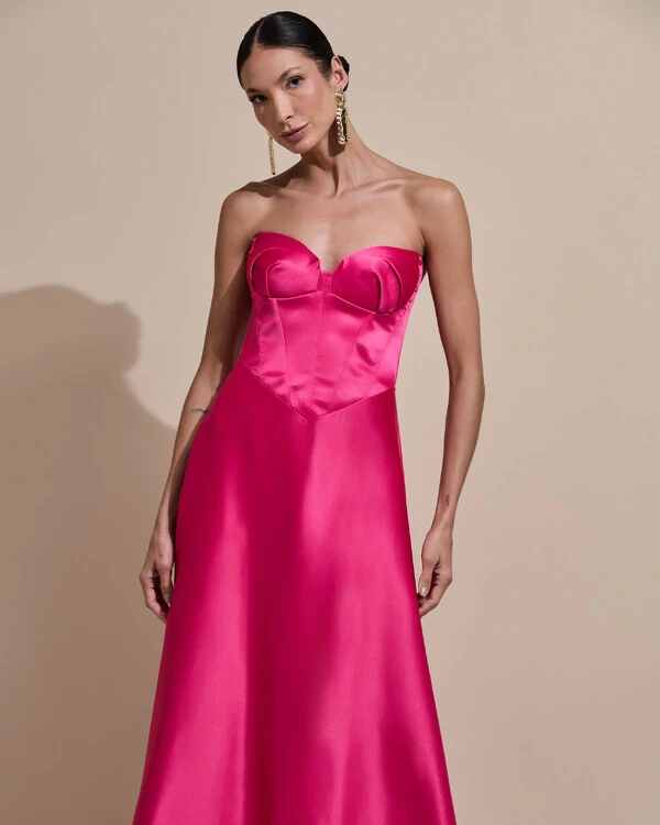 Vestido de Festa Longo Tomara que Caia Decote Coração Cetim Cruzado Costas Pink