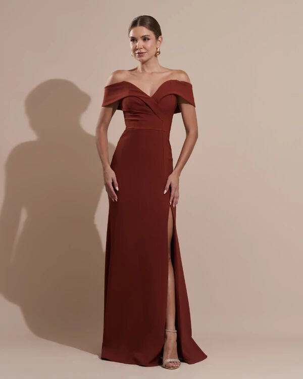 Vestido de Festa Longo Alfaiataria Ombro a Ombro com Fenda Terracota
