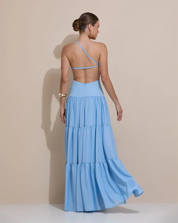 Vestido de Festa Longo Um ombro Só Crepe Chiffon Saia Fluida Serenity
