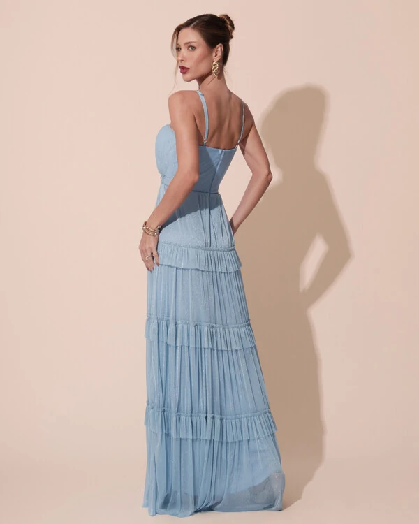 Vestido de Festa Longo Tule com Saia Babado Azul Serenity