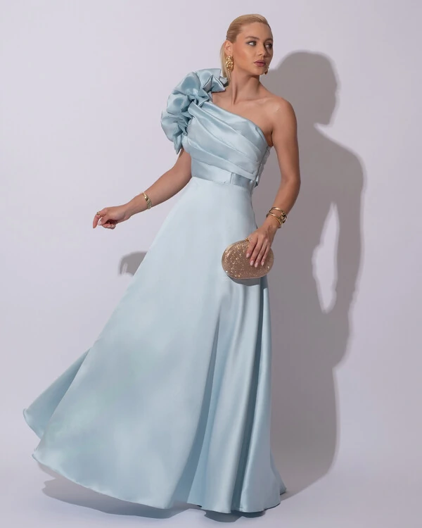 Vestido de Festa Longo Zibeline um Ombro Só Flor Drapeado Tiffany