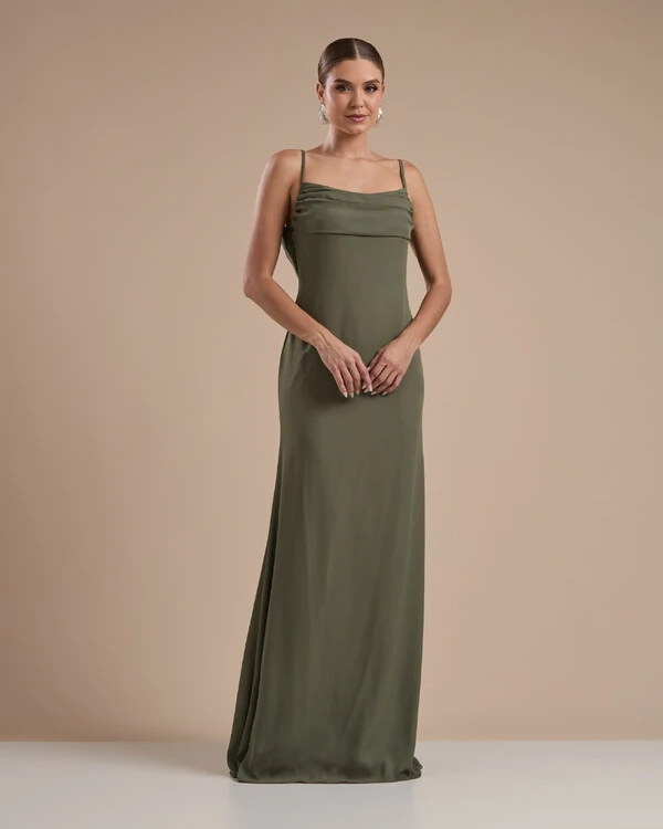 Vestido de Festa Longo Crepe Chiffon Costas Lenço Cauda Verde Oliva