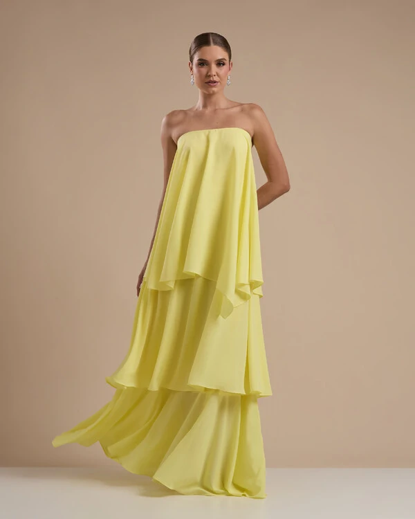 Vestido de Festa Longo Chiffon Crepe em Camadas com Lenço Amarelo Manteiga