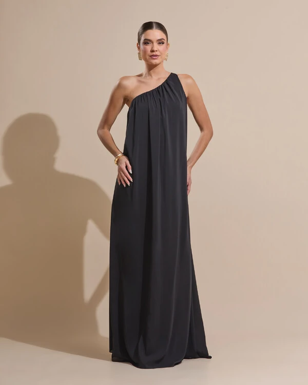 Vestido de Festa Longo Crepe Fluido um Ombro Só com Lenço Preto