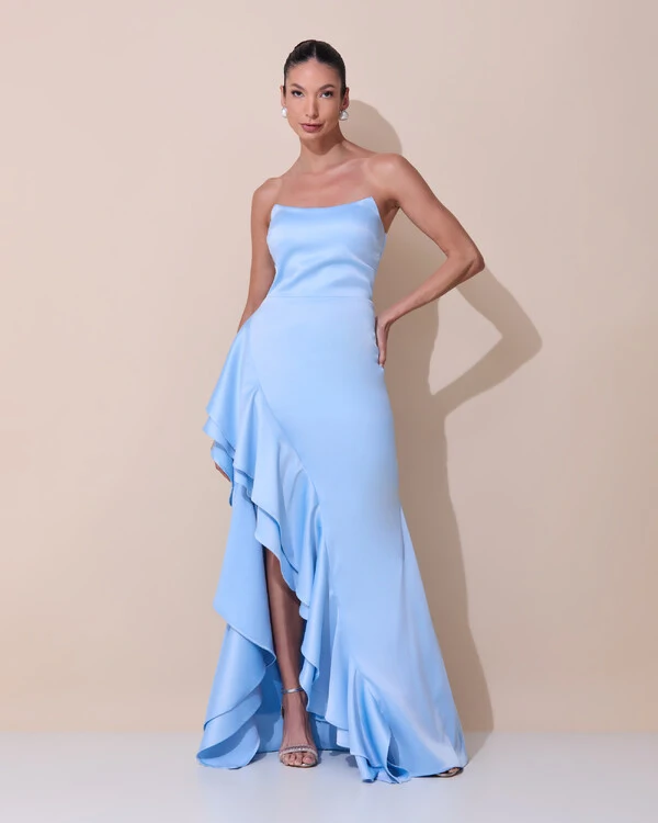 Vestido de Festa Longo Tomara que Caia Cetim Babado Fenda Serenity