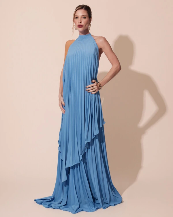 Vestidos de Festa Longo Chiffon Fluido Frente Única Plissado Duplo Azul Atlantis