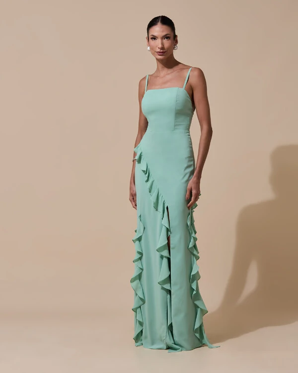Vestido de Festa Longo Alças Finas Crepe Chiffon Babado Cascata Fenda Costas V Verde Menta