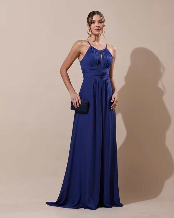 Vestido de Festa Longo Crepe Chiffon Drapeado com Alças e Saia Fluida Azul Marinho