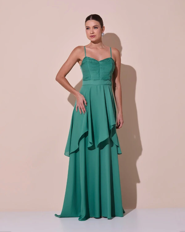 Vestido de Festa Longo Decote Coração Plissado Crepe Chiffon Babados Cascata Verde Matcha Escuro