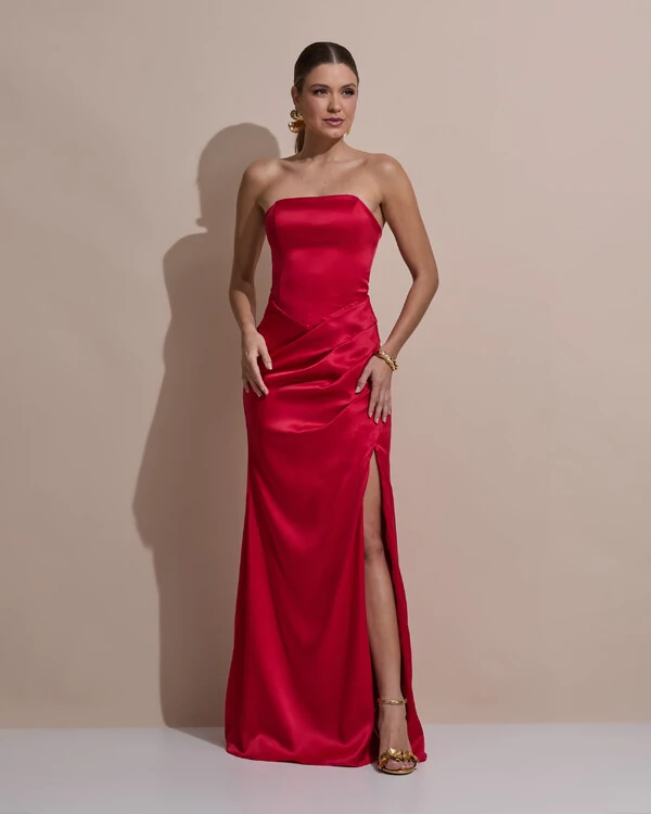 Vestido De Festa Longo Tomara Que Caia Drapeado Cetim Alfaiataria Trançado Costas Vermelho