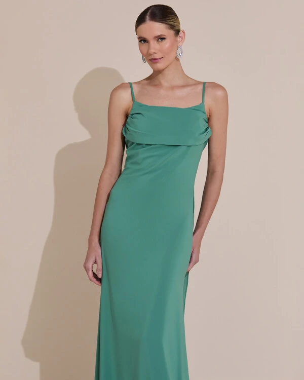 Vestido de Festa Longo Crepe Chiffon Costas Lenço Cauda Verde Matcha Escuro