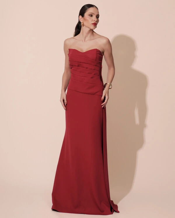 Vestido de Festa Longo Alfaiataria Tomara que Caia Drapeado Faixa Cereja