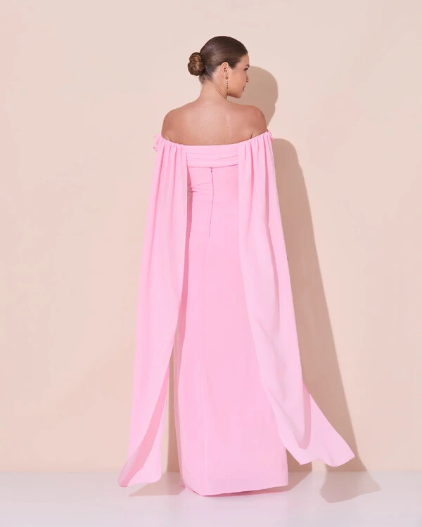 Vestido de Festa Longo Ombro a Ombro Plissado Crepe Chiffon Capa Flor 3D Rosa Claro