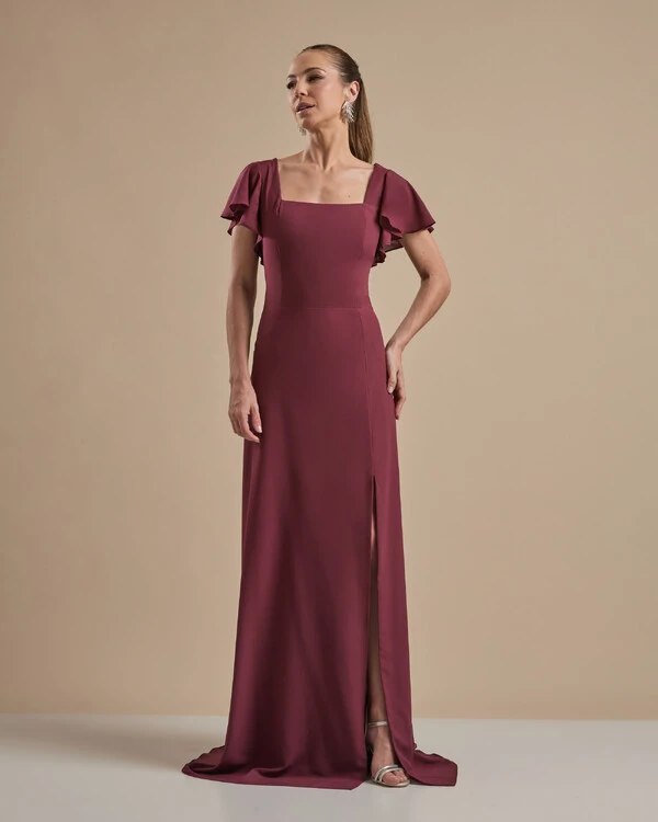 Vestido de Festa Longo Crepe Chiffon Manga Babado e Fenda Marsala