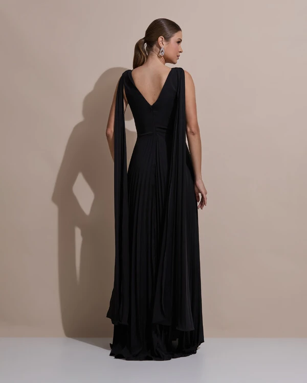 Vestido de Festa Longo Crepe Chiffon Plissado com Lenço nas Alças Preto