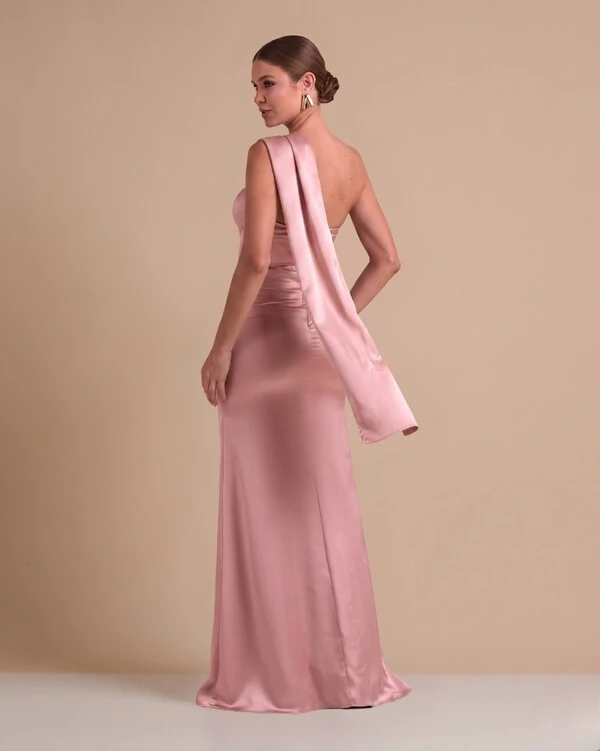 Vestido de Festa Longo Cetim Alfaiataria Tomara que Caia com Faixa Lenço Rose Gold