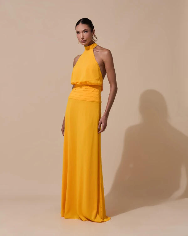 Vestido de Festa Longo Frente Única Busto Blousê Crepe Chiffon Drapeado Laranja Manga New