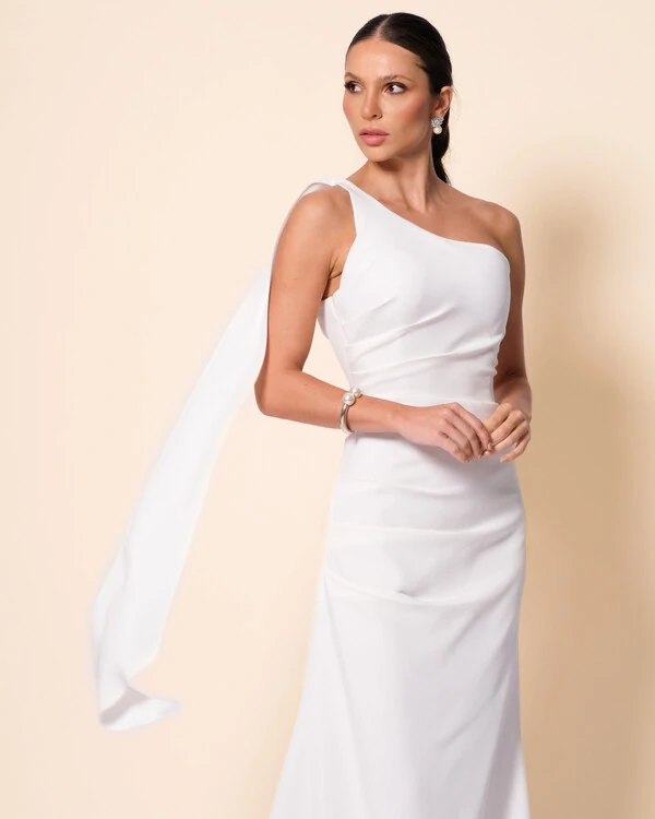 Vestido de Festa Longo Alafataria Um Ombro Só Detalhe Drapeado Branco