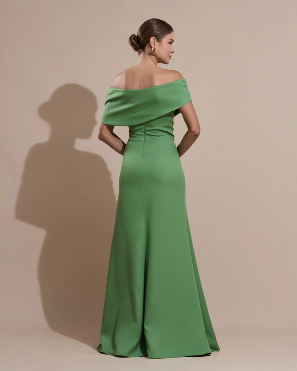 Vestido de Festa Longo Alfaiataria Ombro a Ombro com Babado Cascata Verde Matcha